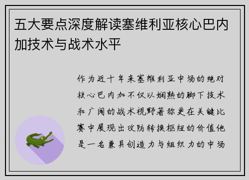 五大要点深度解读塞维利亚核心巴内加技术与战术水平