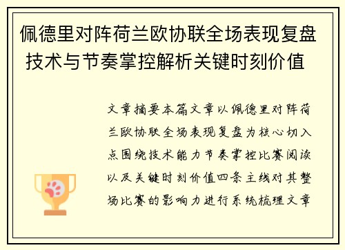 佩德里对阵荷兰欧协联全场表现复盘 技术与节奏掌控解析关键时刻价值