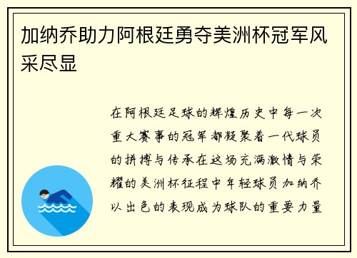 加纳乔助力阿根廷勇夺美洲杯冠军风采尽显 加纳乔助力阿根廷勇夺美洲杯冠军风采尽显
