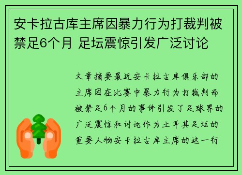 安卡拉古库主席因暴力行为打裁判被禁足6个月 足坛震惊引发广泛讨论 安卡拉古库主席因暴力行为打裁判被禁足6个月 足坛震惊引发广泛讨论