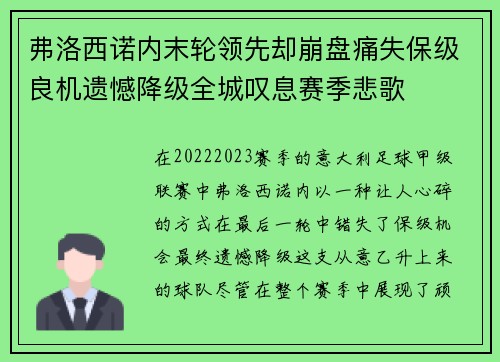 弗洛西诺内末轮领先却崩盘痛失保级良机遗憾降级全城叹息赛季悲歌