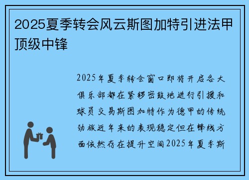 2025夏季转会风云斯图加特引进法甲顶级中锋