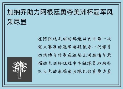 加纳乔助力阿根廷勇夺美洲杯冠军风采尽显 加纳乔助力阿根廷勇夺美洲杯冠军风采尽显