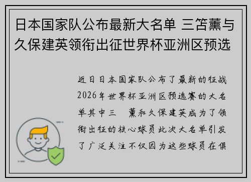 日本国家队公布最新大名单 三笘薰与久保建英领衔出征世界杯亚洲区预选赛