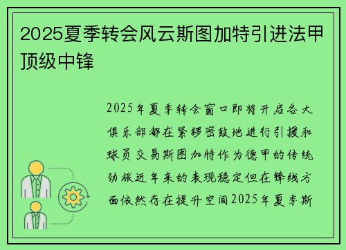 2025夏季转会风云斯图加特引进法甲顶级中锋 2025夏季转会风云斯图加特引进法甲顶级中锋
